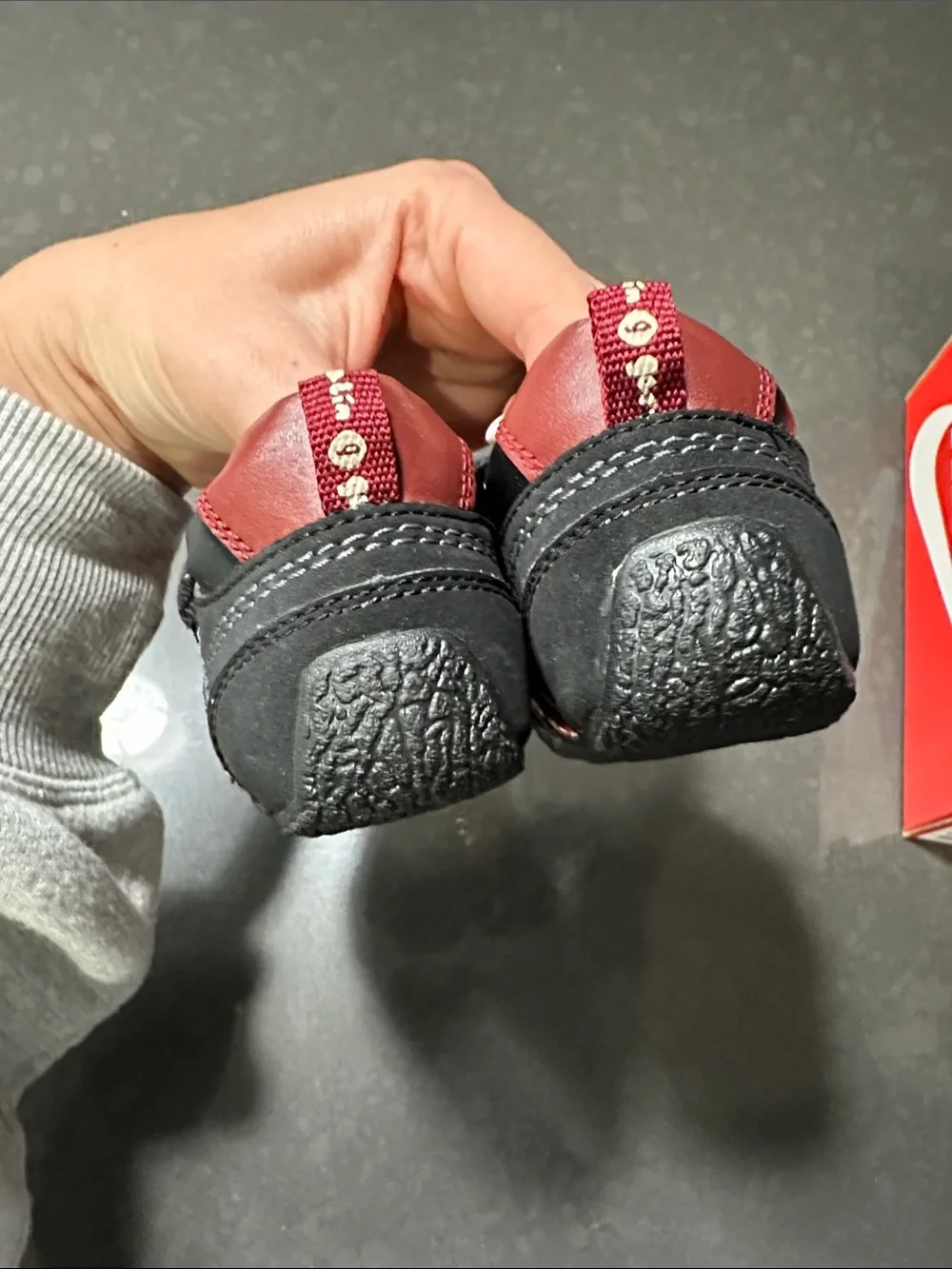 Kids Black and Burgundy Strap Walker Shoes